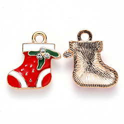 Rouge Pendentifs en émail , avec strass cristal, pour noël, chaussette de Noël, or et de lumière, rouge, 18x17x3mm, Trou: 2mm