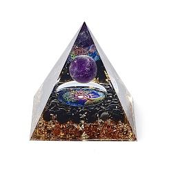 Аметист Генераторы энергии смолы оргонитовой пирамиды, Рейки натуральные аметисты и обсидиановые чипсы внутри для украшения домашнего офиса, 59.5x59.5x59.5 мм