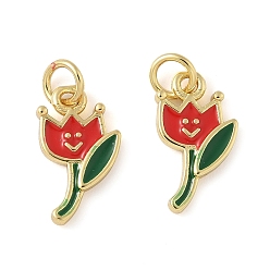 Красный Латунь эмаль прелести, цветочный шарм, с целью перехода в кольце, без свинца и без кадмия, долговечный, стойки покрытие, реальный 18 k позолоченный, красные, 14.5x8x2 мм, отверстие : 3.4 мм