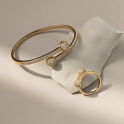 Золотой Плоские круглые латунные браслеты-манжеты и кольца с микропаве из прозрачных кубических цирконий, золотые, 18 мм и 60 мм