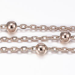 Rose Gold Ion Plating(IP) 304 Stainless Steel Cable Chains, Satellite Chains, with Steel Beads, Soldered, with Spool, Flat Oval, Rose Gold, 2.5x2x0.5mm, about 32.8 Feet(10m)/roll