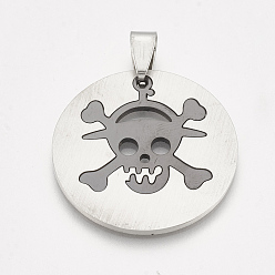 Gunmetal & Stainless Steel Color 201 Stainless Steel Split Pendants, Flat Round with Skull, Gunmetal & Stainless Steel Color, 31x1.5mm, Hole: 4x8mm