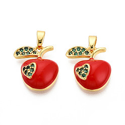 Настоящее золото 18K Латунные микро проложить кубического циркония подвески, без кадмия и без свинца, с эмалью, яблоко с сердцем, реальный 18 k позолоченный, 16x15x5 мм, отверстие : 5x2 мм