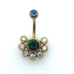 Золотой 304 Изогнутая штанга для пирсинга живота из нержавеющей стали с инкрустацией цветными кубическими циркониями, цветок, золотые, штифты : 1.6 мм, длина стержня: 3/8"(10мм)