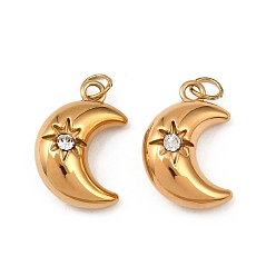Настоящее золото 18K 304 нержавеющая сталь с подвесками из прозрачного кубического циркония, Луна прелести, ионное покрытие (ip), с целью перехода в кольце, реальный 18 k позолоченный, 15x10x5 мм, отверстие : 3 мм