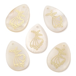 Freshwater Shell Natural Freshwater Shell Pendants, with Gold Enamel, Teardrop Charms, 29x20x2.5~3mm, Hole: 2~2.5mm