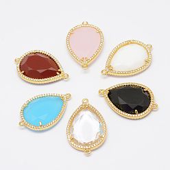 Golden Faceted Glass Links connectors, with Brass Cubic Zirconia Finding, teardrop, Golden, 28x18x5mm, Hole: 2mm