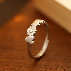 Серебро S925 регулируемые кольца из стерлингового серебра, цветок и сердце, серебряные, внутренний диаметр: 15~20 мм