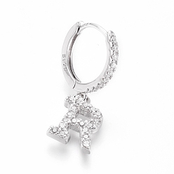 Letter R Rhodium Plated 925 Sterling Silver Hoop Earrings, Dangle Earrings, with Cubic Zirconia, with S925 Stamp, Letter, Clear, Platinum, Letter.R, 20mm, Pendants: about 8.8x6.8x1.5mm, Pin: 0.6mm