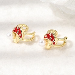 Настоящее золото 18K Латунные серьги-манжеты из прозрачного кубического циркония, с абс пластика имитация жемчуга и эмаль, без кадмия и без свинца, долговечный, стойки покрытие, гриб, реальный 18 k позолоченный, 17x12.5x12 мм