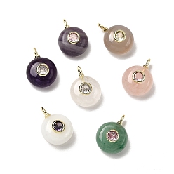 Смешанные камни Плоские круглые подвески из натуральных и синтетических драгоценных камней, подвески из горного хрусталя с латунной микропаве кубическими цирконами, золотые, 17x12x7.5 мм, отверстие : 2x1 мм