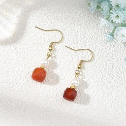 Golden Natural Carnelian with Round Shell Pearl Beads Cube Dangle Earrings, with Brass Flat Round Spacer Beads and 304 Stainless Steel Earring Hooks, Golden, 36x8.5mm