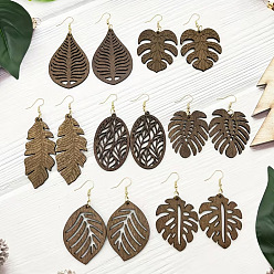 Camel Wood Dangle Earrings for Women, Leaf, Camel, 89~100x26~50mm, 7pairs/set