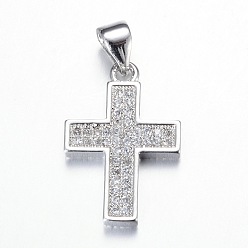 Платина Латунные микро проложить кубического циркония подвески, крестик, без свинца и без никеля , платина, 19.5x13x2 мм, отверстие : 5x3.5 мм