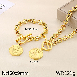 Золотой Плоские круглые 304 ожерелья с подвесками и браслеты с подвесками из нержавеющей стали, золотые, 460 мм