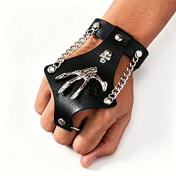 Platinum Punk Alloy Skull Skeleton Hand PU Leather Hand Harness, Rivet Chain Linked Finger Wrist Cuff, Black, Platinum, 6.30 inch(16cm)
