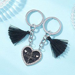 Черный 2шт. брелки с подвеской из сплава, сердце с слово лучших друзей, с подвесками из эмали, стразов и полиэстера с кисточками и 304 фурнитурой из нержавеющей стали, платина, чёрные, 87 мм