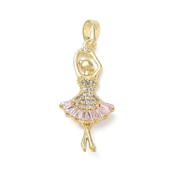 Oro Colgantes de latón con micro pavé de circonitas cúbicas rosas, encantos de bailarina, dorado, 27.5x12x4.5 mm, agujero: 4.5x3 mm