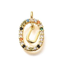 Letter U Латунные микро проложить кубического циркония подвески, без кадмия, без никеля и без свинца, реальный 18 k позолоченный, овал с подвесками в виде букв, Буква U, 18.5x11x3.5 мм, отверстие : 2x1.5 мм