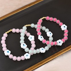 (52) Непрозрачная лаванда Женские эластичные браслеты из латуни, пластика и бусин в технике лэмпворк, цветок с рисунком от сглаза, стойки покрытие, без свинца и без кадмия, долговечный, разноцветные, внутренний диаметр: 2 дюйм (5.1 см)