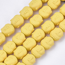 Yellow Spray Painted Non-magnetic Synthetic Hematite Beads Strands, Matte Style, Buddha Head, Yellow, 10x9x7.5mm, Hole: 1mm, about 39pcs/strand, 15.7 inch