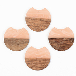 Light Salmon Opaque Resin & Walnut Wood Pendants, Gap Flat Round, Light Salmon, 34x36.5x3mm, Hole: 2mm