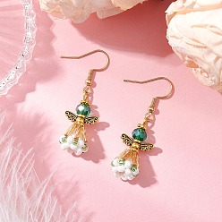 Зеленый Серьги-подвески из стеклянных бусин ручной работы в виде ангела для женщин, 304 нержавеющей стали серьги крюков, античное золото , зелёные, 44x14 мм