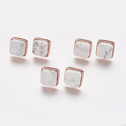Howlite Natürliche Howlith Ohrstecker, mit Messing-Zubehör, Echtes rosafarbenes Gold überzogen, Viereck, 12x12x4.5~6 mm, Stift: 1 mm