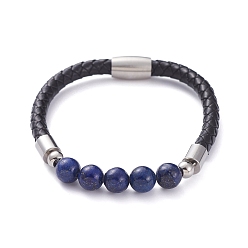 Lapis Lazuli Unisex Leather Cord Bracelets, with Natural Lapis Lazuli(Dyed) Round Beads, 304 Stainless Steel Magnetic Clasps and Rondelle Beads, with Cardboard Packing Box, 8-1/8 inch(20.5cm)