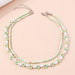 Аквамарин 2шт. наборы ожерелий из цветочных стеклянных бус с пластиковыми жемчужными бусинами для женщин, платина, аквамарин, 14.96 дюйм(38см)+50мм и 16.93 дюйм(43см)+70мм
