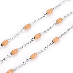 Оранжевый 304 кабельные цепи из нержавеющей стали, с эмалевыми овальными бусинами, пайки, с катушкой, Плоско-овальные, цвет нержавеющей стали, оранжевые, 5x2.5 мм, ссылка: 2x1.6x0.3 mm, около 32.8 футов (10 м) / рулон