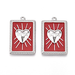 Красный 304 подвески из нержавеющей стали, с эмалью, прямоугольник с сердечком и надписью «любовь», цвет нержавеющей стали, красные, 28x18x3 мм, отверстие : 1.4~1.5 мм