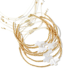 Золотистый 7 Набор браслетов из плетеного бисера и стеклянных бусин, украшение в виде креста из натуральной ракушки для женщин, золотые, регулируемый