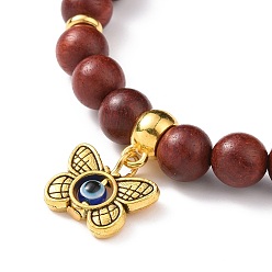 Mixed Color Wood Beaded Bracelets, Alloy Owl/Toitorse/Elephant/Eye/Butterfly Charm Bracelets for Women, Mixed Color, Inner Diameter: 2-1/4 inch(5.7cm), 5pcs/set