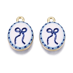 Cornflower Blue Printed Alloy Pendants, Rack Plating, Oval & Bowknot Charms, Cadmium Free & Nickel Free & Lead Free, Golden, Cornflower Blue, 20x13.5x4mm, Hole: 1.8mm