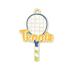 Tennis Tennis Alloy Enamel Pendants, Golden, Racket with Word Tennis Charms, 30.5x19x1.5mm, Hole: 1.5mm