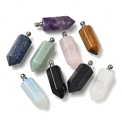 Смешанные камни Подвески для флаконов духов из натуральных и синтетических смешанных драгоценных камней, граненые подвески-пули для бутылок с 304 винтовыми дужками из нержавеющей стали, цвет нержавеющей стали, 42~44x16~16.5x14~14.5 мм, отверстие : 2.5 мм