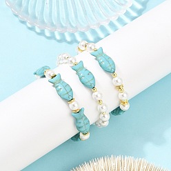 (52) Непрозрачная лаванда 3 шт. 3 стили наборы браслетов из синтетической бирюзы и ракушечного жемчуга для женщин, рыба, с латунной бисера, разноцветные, внутренний диаметр: 2-1/4 дюйм (5.85 см), 1 шт / стиль