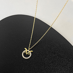 Golden Brass Micro Pave Clear and Black Cubic Zirconia Owl Pendant Necklaces for Women, Golden, 18.11 inch(46cm)