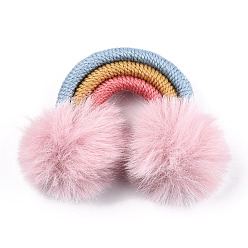 Pink Polycotton(Polyester Cotton) Woven Rainbow Wall Hanging, Macrame Woven Rainbow with Pompom, Pink, 49~54x51~55x13~15mm
