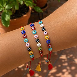Colorful Handmade Lampwork Evil Eye Braid Bead Bracelet Sets, Adjustable Stackable Red Cord Bracelets with Tassel for Women, Colorful, 11.02 inch(28cm), 3pcs/set