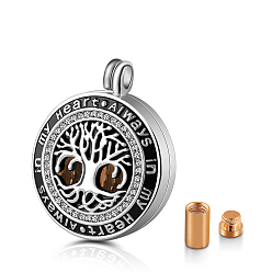 Platinum Openable Alloy Memorial Urn Ashes Pendants, Flat Round with Tree of Life & Word, Platinum, 30mm