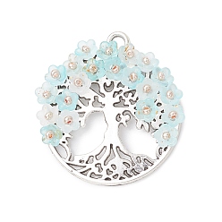 Бледно-бирюзовый Подвески из сплава , с акриловыми и стеклянными бусинами, плоские круглые с дерева жизни, бледные бирюзовая, 39x37x6.5 мм, отверстие : 3.2 мм