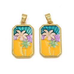 Золотистый Латунь эмаль подвески, долговечный, без свинца и без кадмия, стойки покрытие, золотые, прямоугольник с цветочными подвесками, золотые, 27.5x15.5x3.5 мм, отверстие : 5.5x3.5 мм