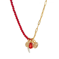 Цветок Кулон из латуни и смолы, цепочка из красных стеклянных бусин и скрепок., золотые, цветок, 19.69 дюйм (50 см), удлинитель 50мм, Кулон : 25 мм