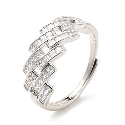 Платина Прозрачное регулируемое кольцо с ромбами из кубического циркония, стеллаж для латунных украшений для женщин, без кадмия и без свинца, платина, размер США 7 1/4 (17.5 мм)