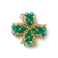 Зеленый Подвески из стеклянного бисера ручной работы, с целью перехода в кольце, клевер амулеты, зелёные, 28.5x30x8.5 мм, отверстие : 3.5 мм