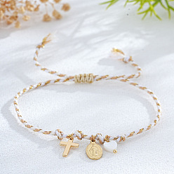 Белый Навахо Браслеты с подвесками из латуни и натуральных ракушек, регулируемые плетеные браслеты из волоконного шнура для женщин, крест и овал с Девой Марией и сердцем, навахо белый, внутренний диаметр: 11 дюйм (28 см)