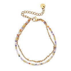 Colorful Golden Tone 304 Stainless Steel Double Strand French Chain Bracelets with Faceted Round Cubic Zirconia for Women, Colorful, 6.50 inch(16.5cm)