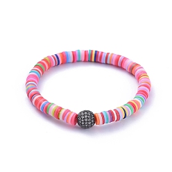 Gunmetal Handmade Polymer Clay Heishi Bead Stretch Bracelets, with Brass Micro Pave Clear Cubic Zirconia Round Beads, Gunmetal, 2-1/4 inch(5.6cm)